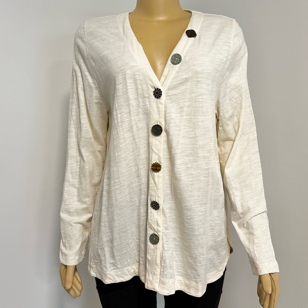 Soft Surroundings Cream Slub Cotton Mismatched Button Cardigan Top PL 3DQ88